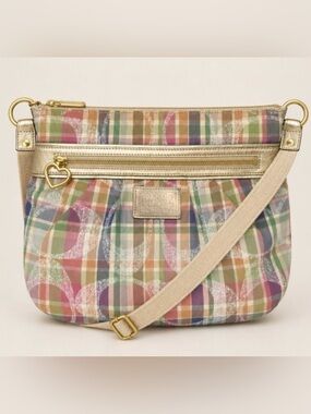 Coach Poppy Daisy Madras Multicolor Pastel Plaid Crossbody with Cream Strap